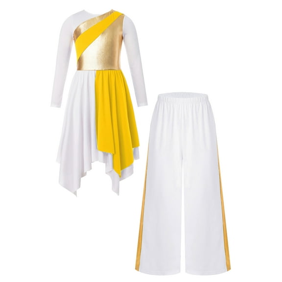 TSSOE Kids Girls Long Sleeve Irregular Praise Dance Dress with Wide Leg Pants Liturgical Dancewear Yellow 8