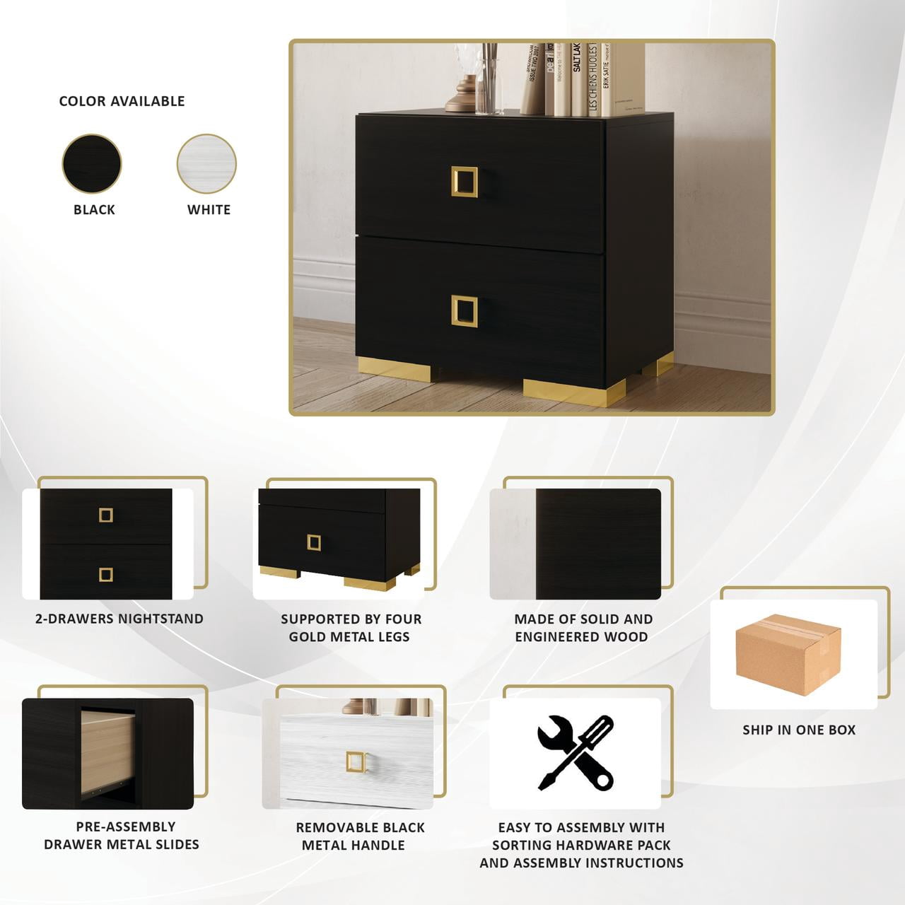 Castle Place Elegant Glow 2 Drawer Nightstand, Black