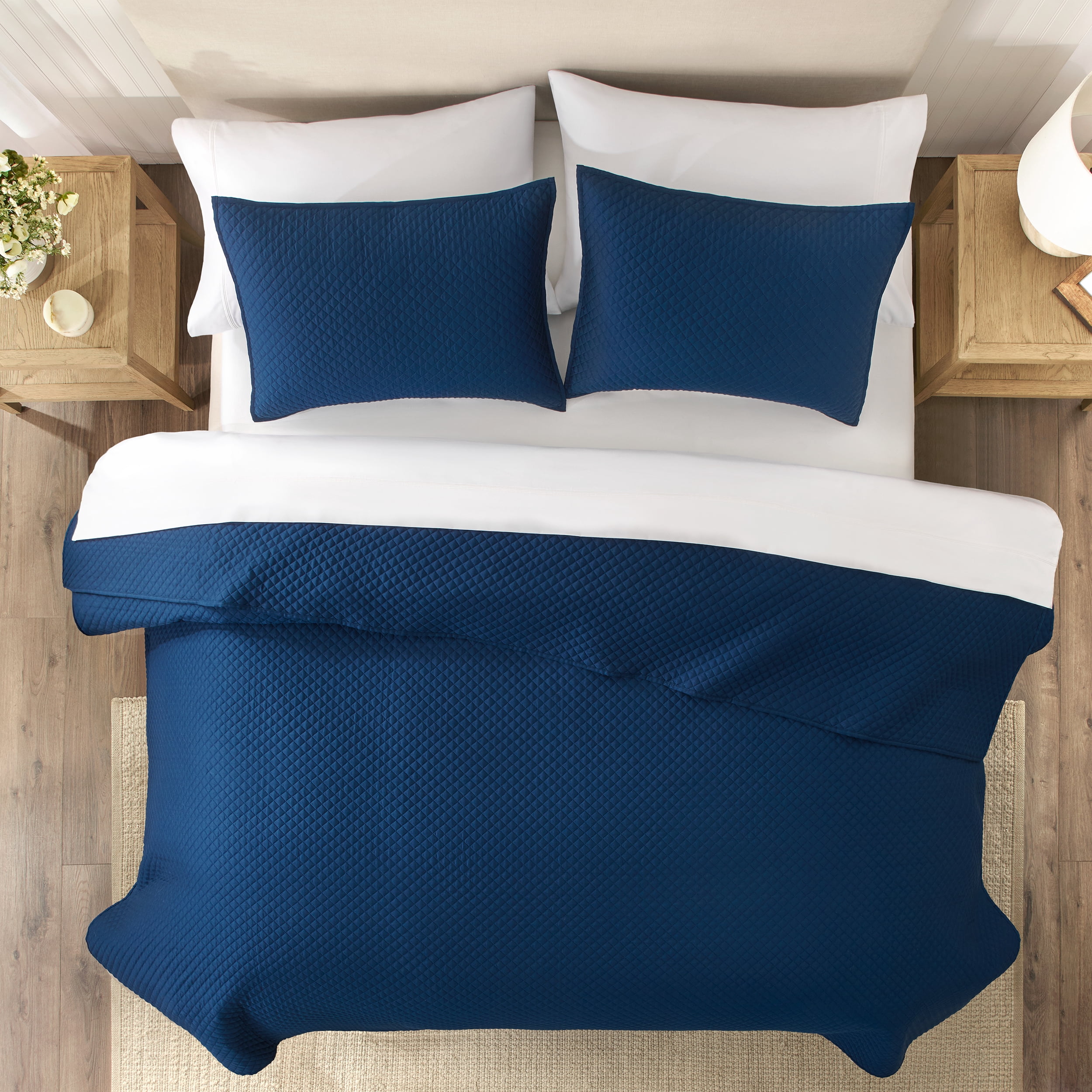 Wamsutta 1846 Cotton Tencel 3-Piece Titan Blue Diamond Stitch Quilt Set, King