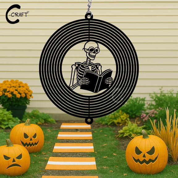 C-CRAFT Skeleton Read Book Wind Spinner 8 Inches, Outdoor Garden Hanging Decor on Halloween Season, Gift for Readers