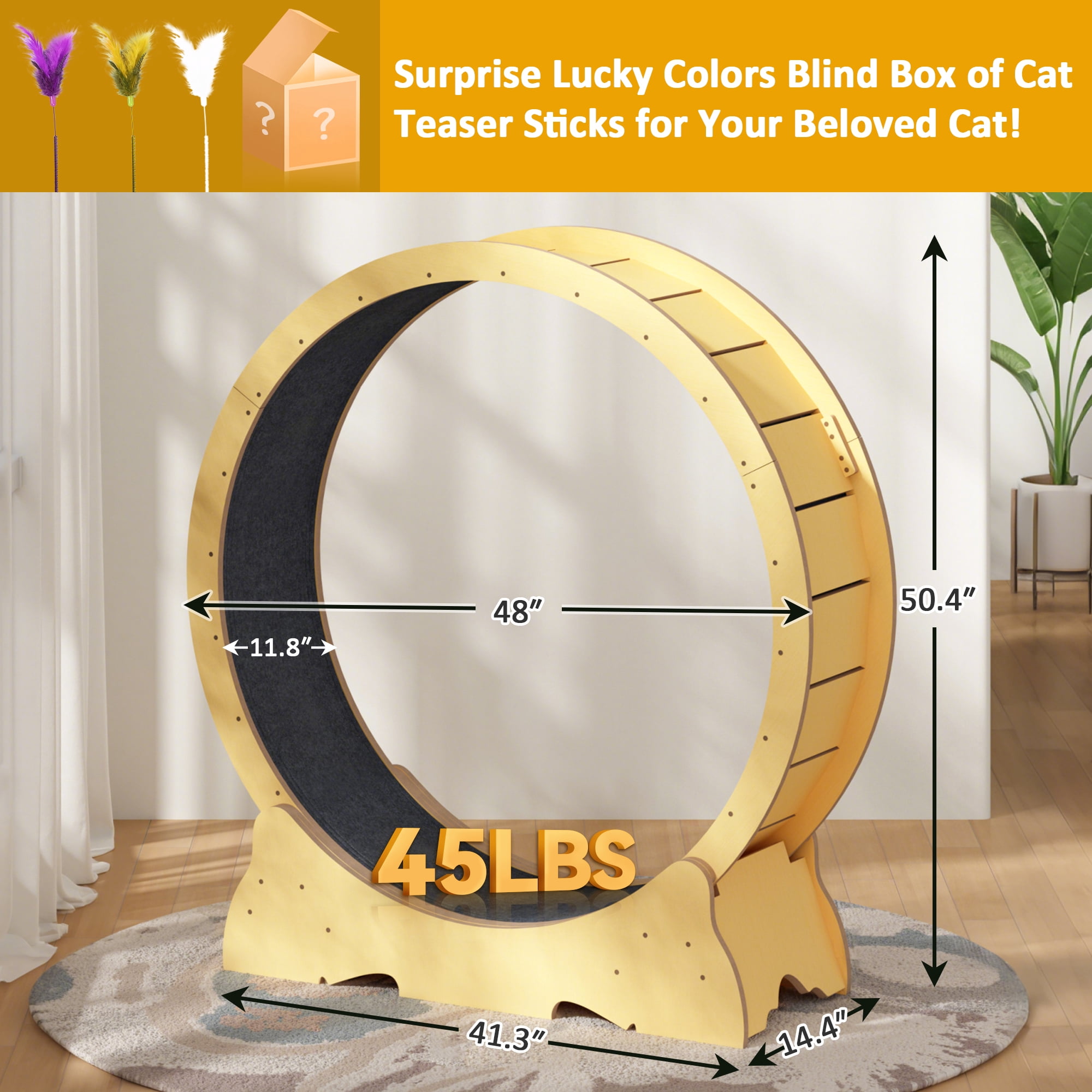 POLAHAKU 48'' Wooden Cat Wheel, Large Cat Wheel Treadmill for Indoor Cats, Detachable Carpet Cat Running Wheel with Cat Teaser Toy for Exercise, Walking, Training, Fits Most Cats Natural Wood