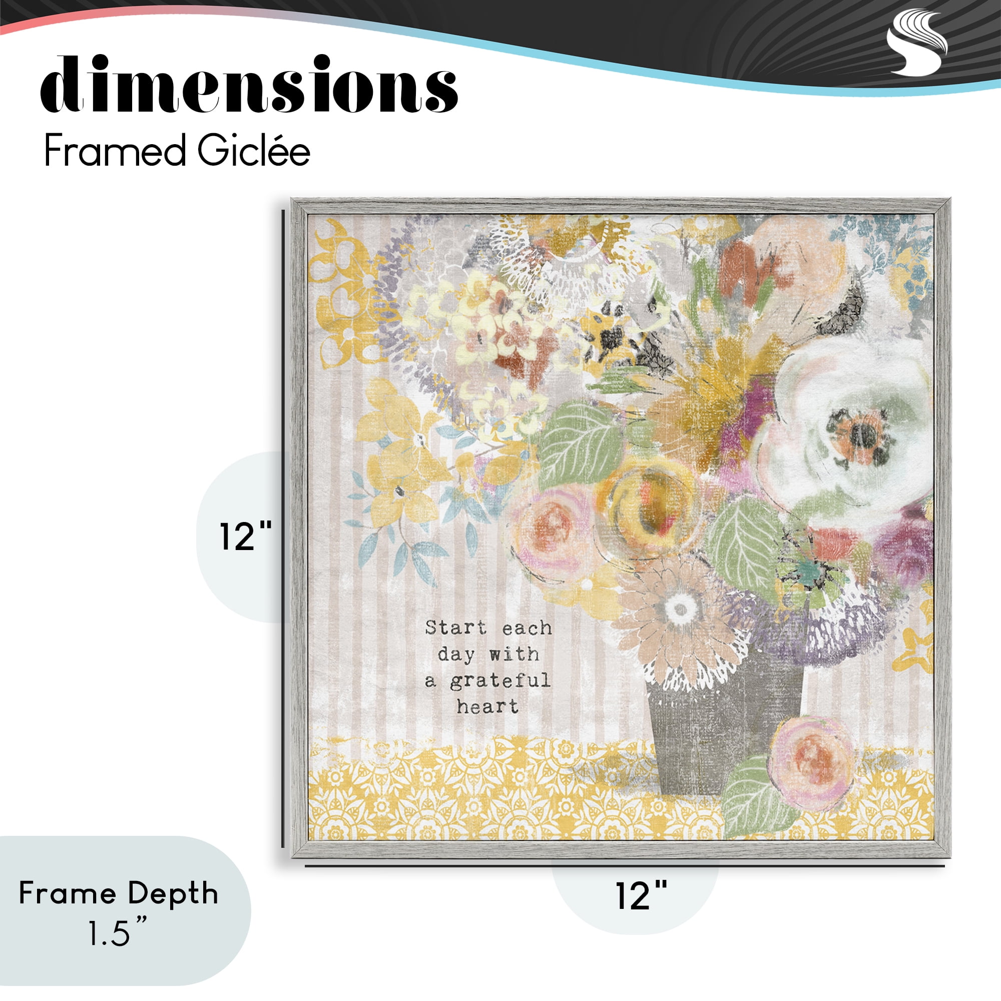 Stupell Industries Floral Inspirations Grateful Heart Gray Framed Giclee Art, design by Suzanne Nicoll