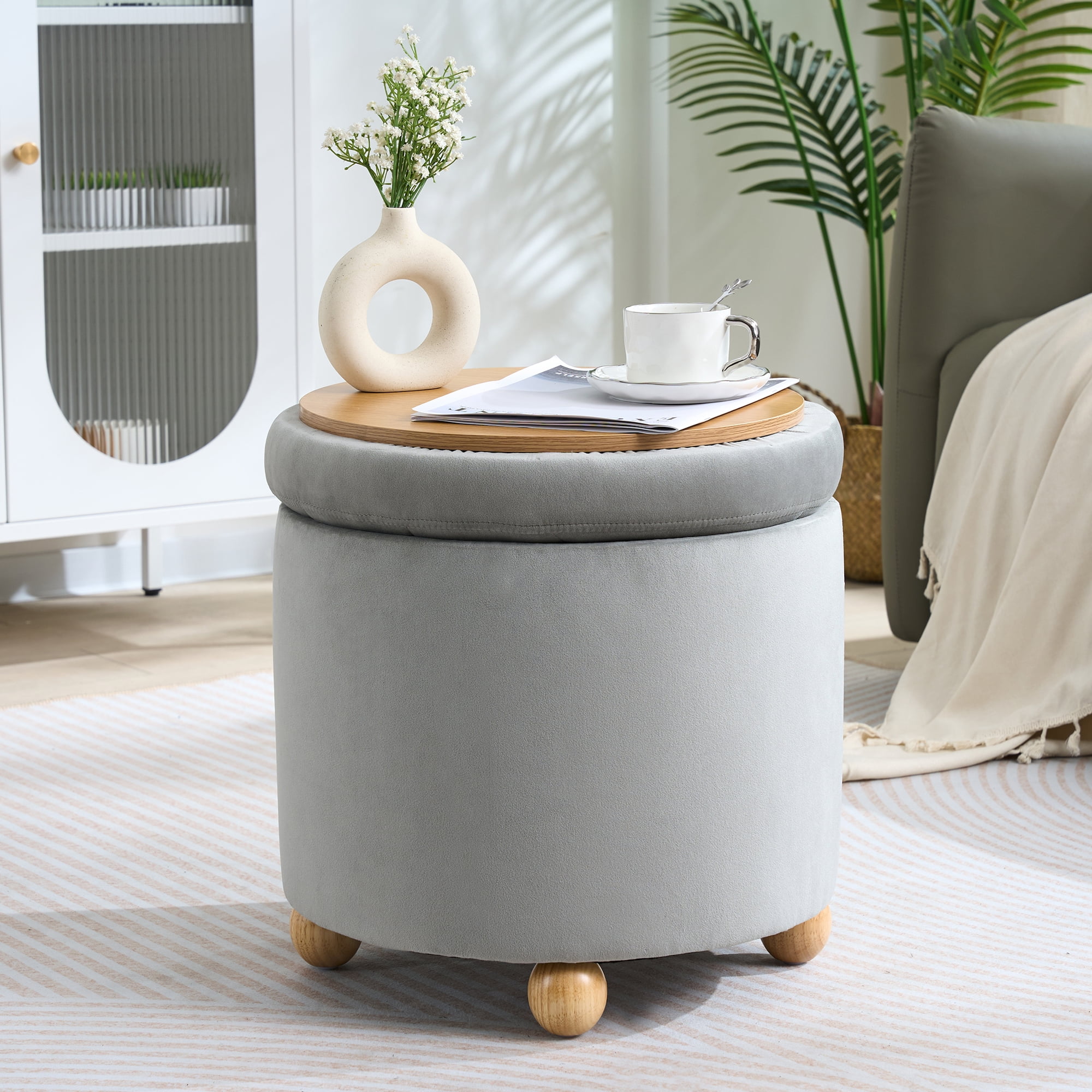 CoVibrant Modern Round Velvet Storage Ottoman with Reversible Tray Lid, Tufted Upholstered Footrest Stool with Wooden Legs