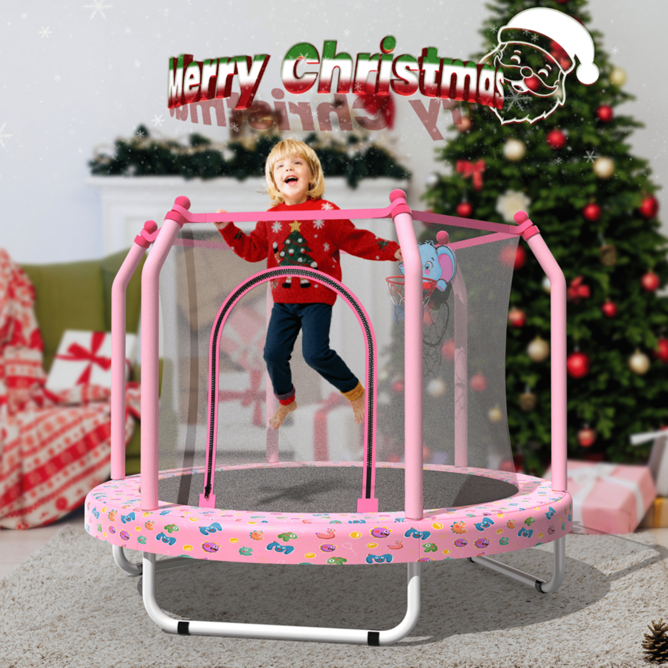 Mini Trampoline for Kids with Safety Enclosure Net, 55" Toddler Trampoline with No-Gap Safe Design, Segmart Recreational Trampolines for Birthday Gifts, Rebounder Trampoline with Ocean Balls