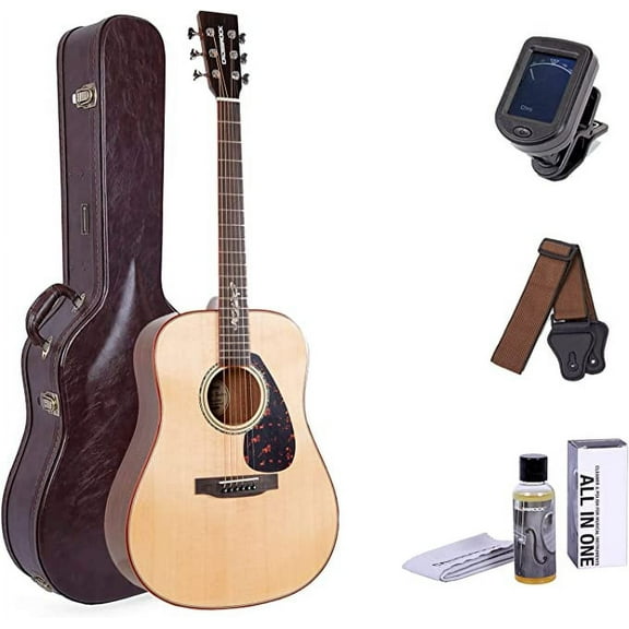 Crossrock 6 String Acoustic, Premium Spruce Solid Top Dreadnought Guitar with Deluxe Brown Hard Case(CRAG-DF500BR), Right, Bundle