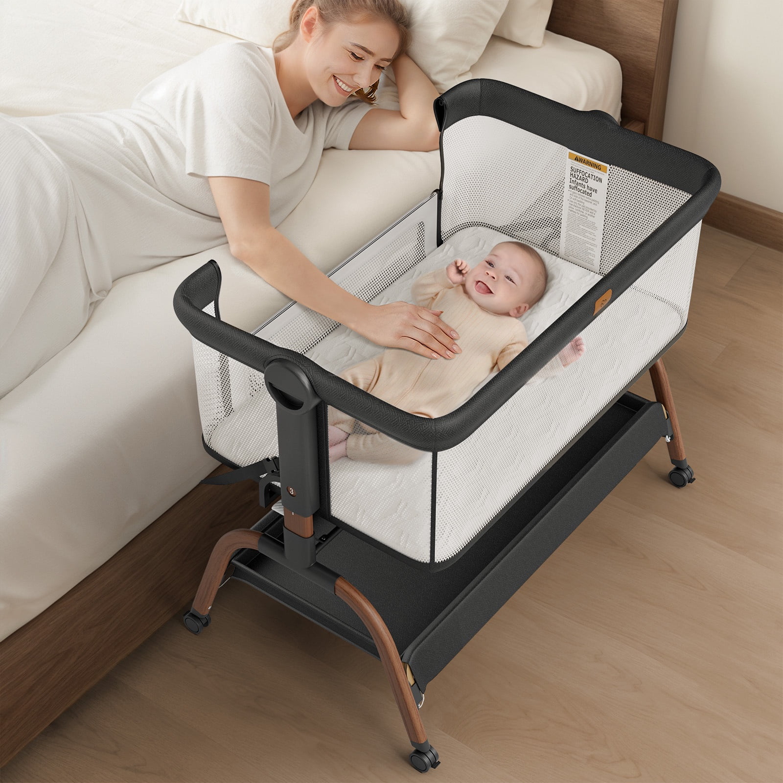 BabyBond Bassinet Bedside Crib, 3-in-1 Baby Bassinet Bedside Sleeper with Mattress and Soft, Breathable Sheet, Full-Mesh Sides, 6-Height Adjustable, Stable and Secure Crib for Newborns,Black