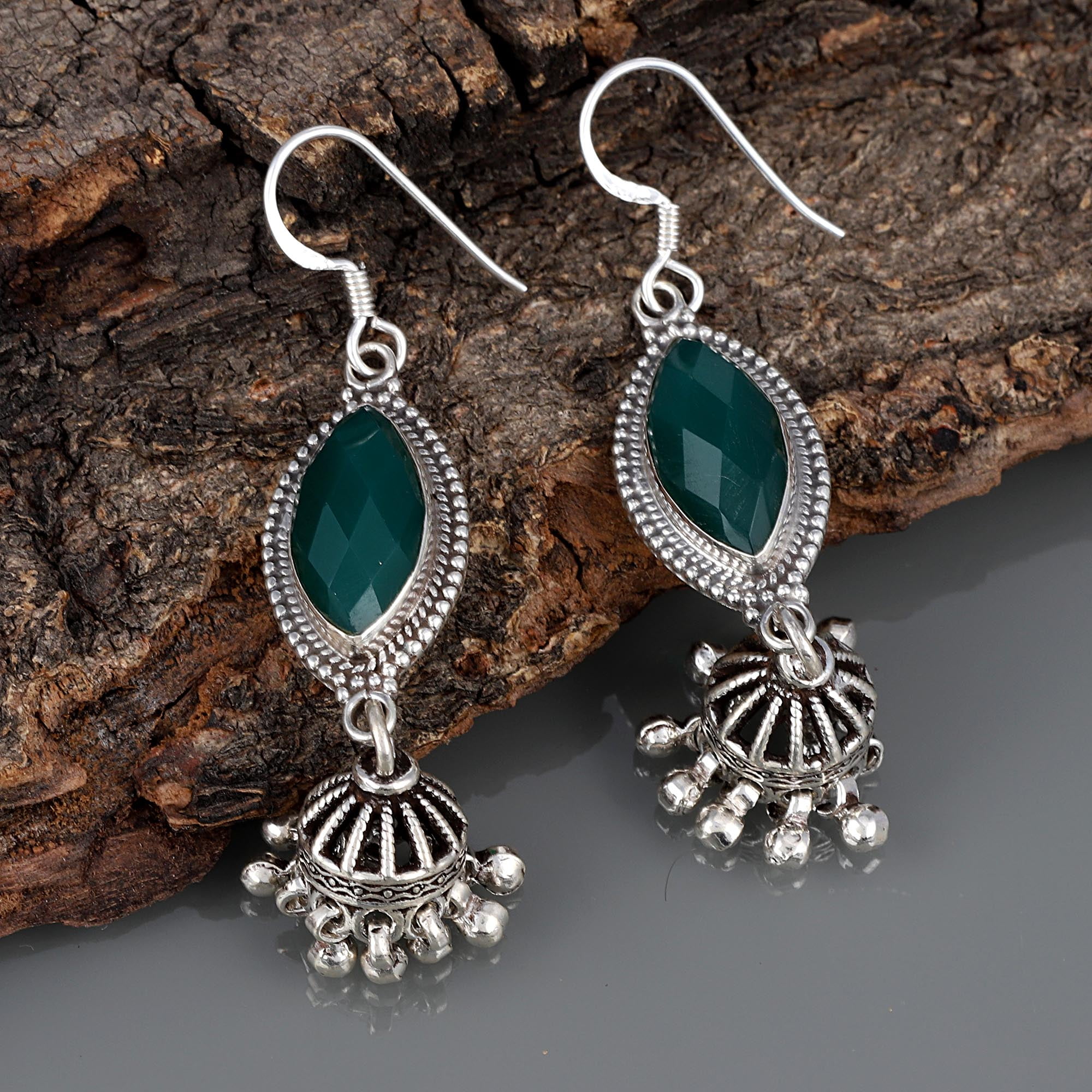 Natural Green Onyx Dangle Earrings for Women in 925 Sterling Silver – Handmade 15x8 mm Marquise Gemstones, 57 mm Long Boho Drop Earrings with Fish Hook Backs, Statement Jewelry Gift
