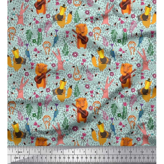 Soimoi Georgette Viscose Fabric Floral,Musical Instruments & Animals Cartoon Printed Fabric 1 Yard 42 Inch Wide