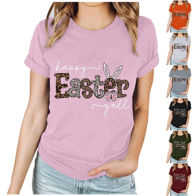 Économies de Printemps! CEHVOM Chemises de Pâques pour Femmes 2024, Hauts de Pâques Amples Grande Taille, T-Shirt Graphique Joyeuses Pâques à Manches Courtes Col Rond, T-Shirt Enseignant de Pâques, T-Shirt Lapin de Pâques pour Femmes