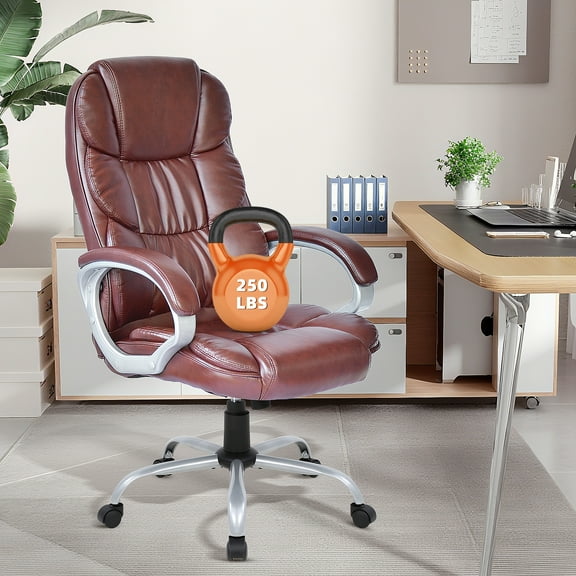 Dkelincs Ergonomic Office Chair PU Leather High Back Height Adjustable Computer Desk Chair, 250 lbs Executive Swivel Task Chair for Home Office, Brown