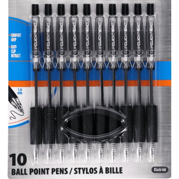 Clip Click Retractable Ball Point Pens, 1.0 mm Black Ink, Set of 10