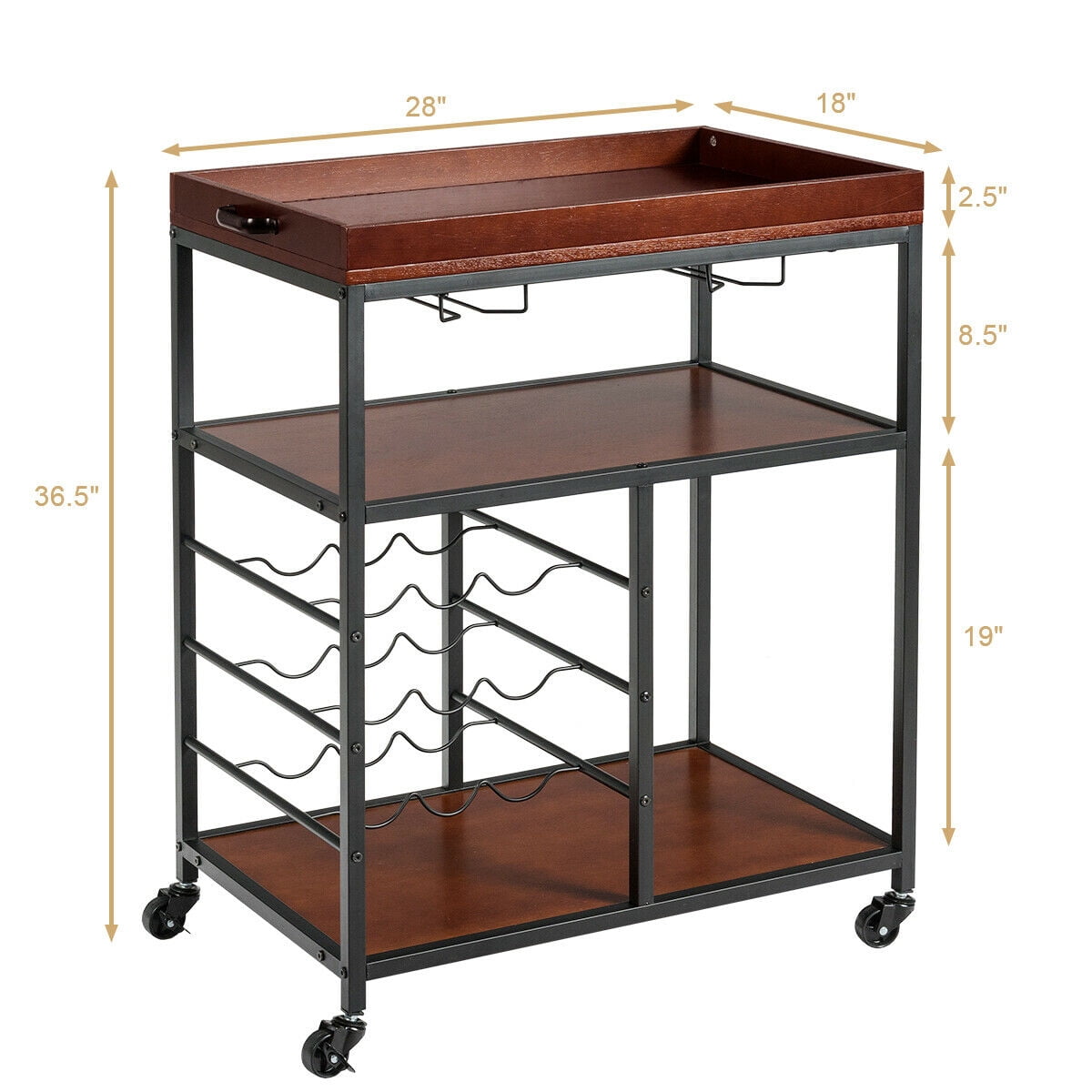 Gymax 3 Tier Storage Kitchen Trolley Bar Serving Cart w/Wine Rack & Glass Holder