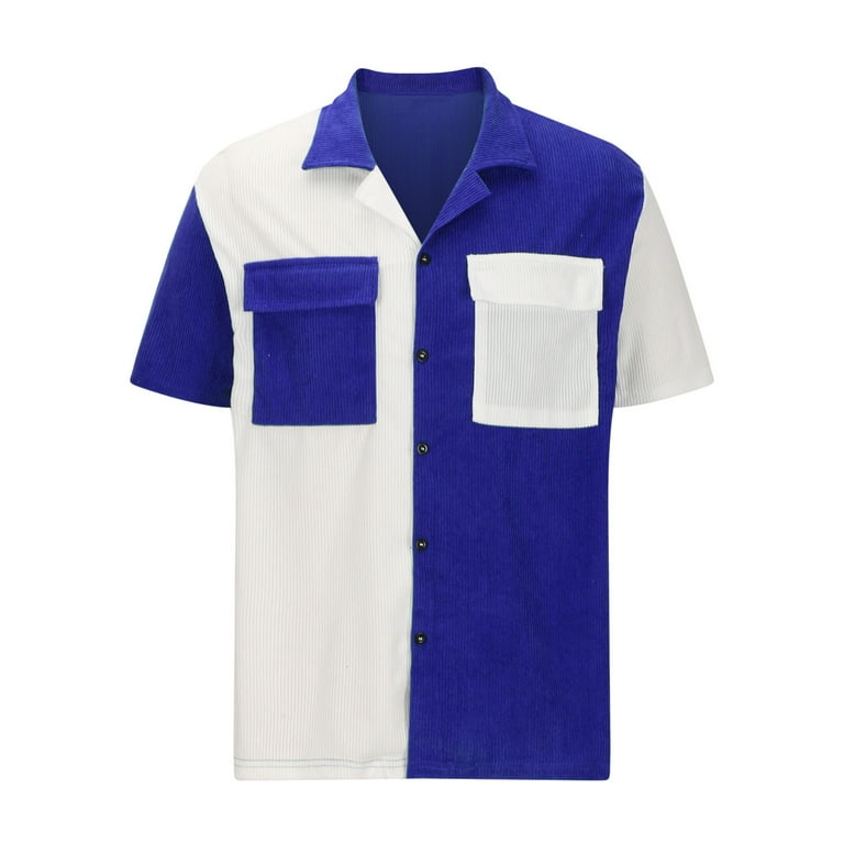 JUUYY Men's Summer Short Sleeve Casual Button Down Shirts Summer Fashion  Streetwear Workout T Shirts Patchwork Dress Shirt with Pocket Blue XL