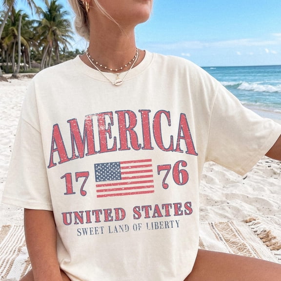Retro America 4th of July T-Shirt, Preppy USA 1776 Sweet Land of Liberty Patriotic Tee, Unisex Garment Dyed Cotton Shirt