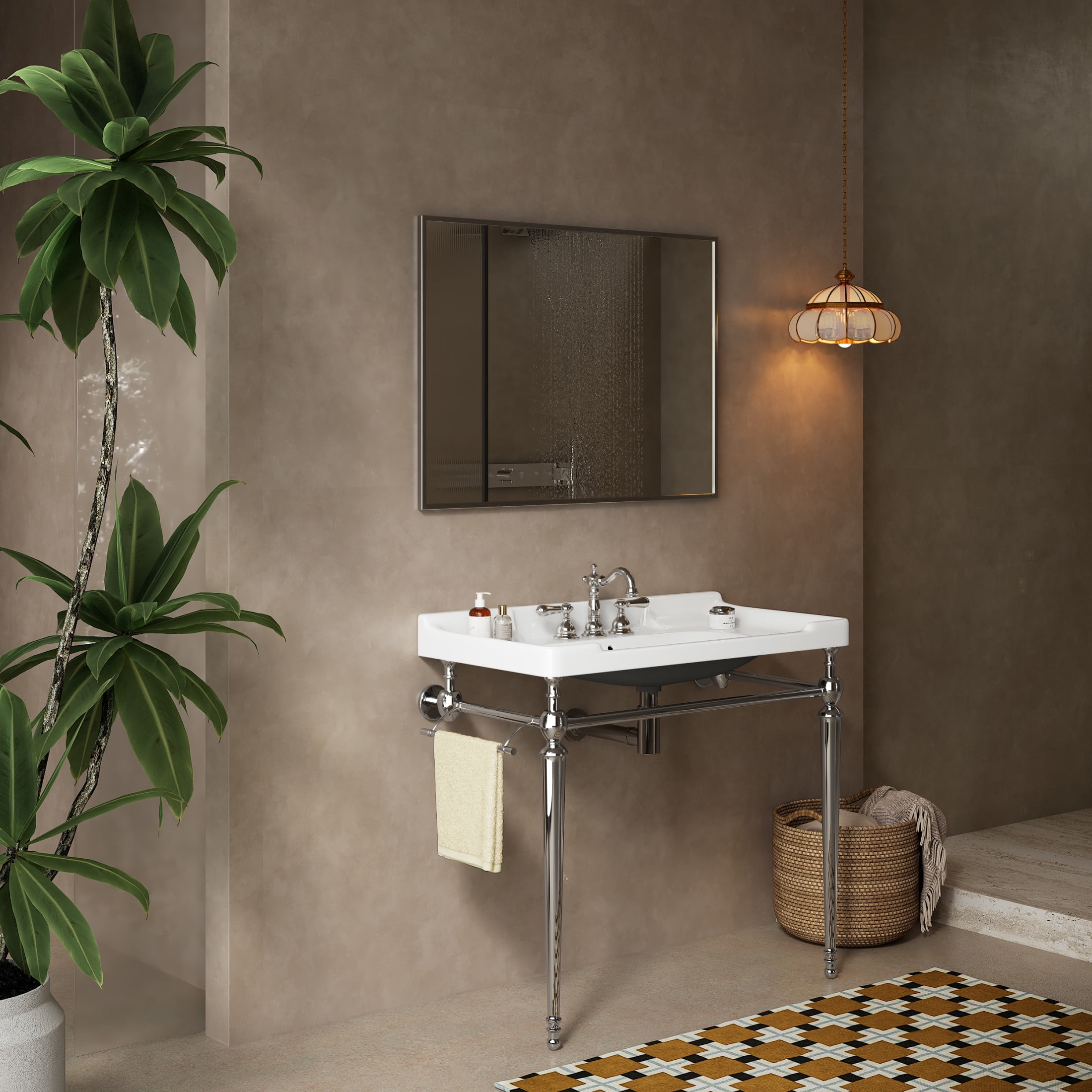 Noble House VICI 36" Bathroom Console Sink, Wall-Mounted Ceramic Basin Vanity with Stainless Steel Legs, White & Chrome