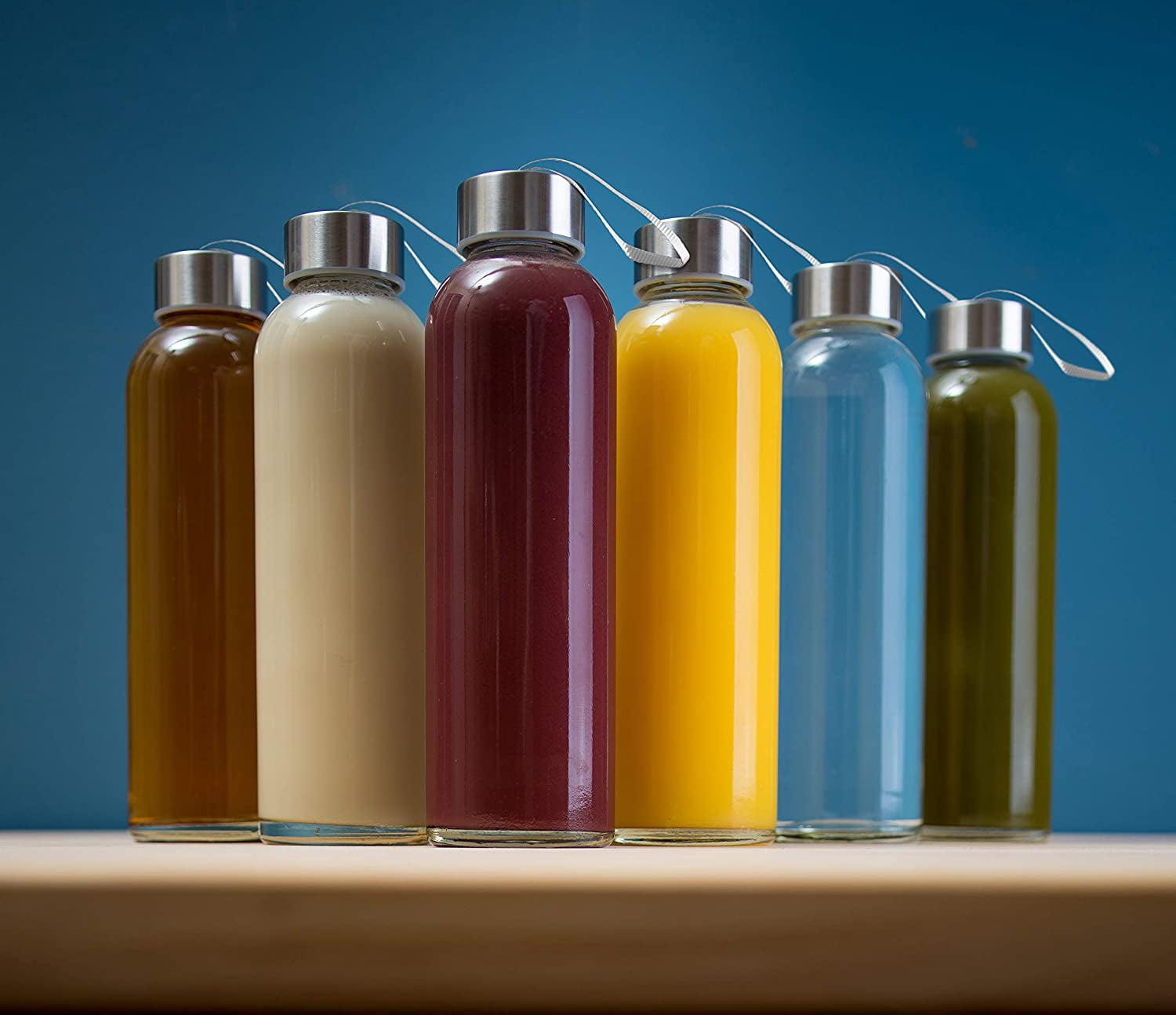 glass bottles with lids – 18oz glass water bottles, reusable juice bottle with lids for storing juices, reusable water bottle durable & ecofriendly set of 6 with Carrying Loop Caps