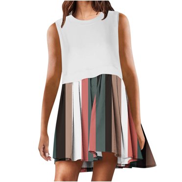 Summer Dresses for Women 2024 Plus Size Fashion Casual Loose Solid Patchwork Pleated Sleeveeless Round Dress Womens plus $15 & under