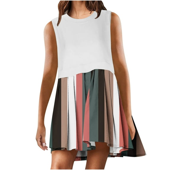 New Summer Plus Size Dresses for Women 2024 Fashion Casual Loose Solid Patchwork Pleated Sleeveeless Round Dress