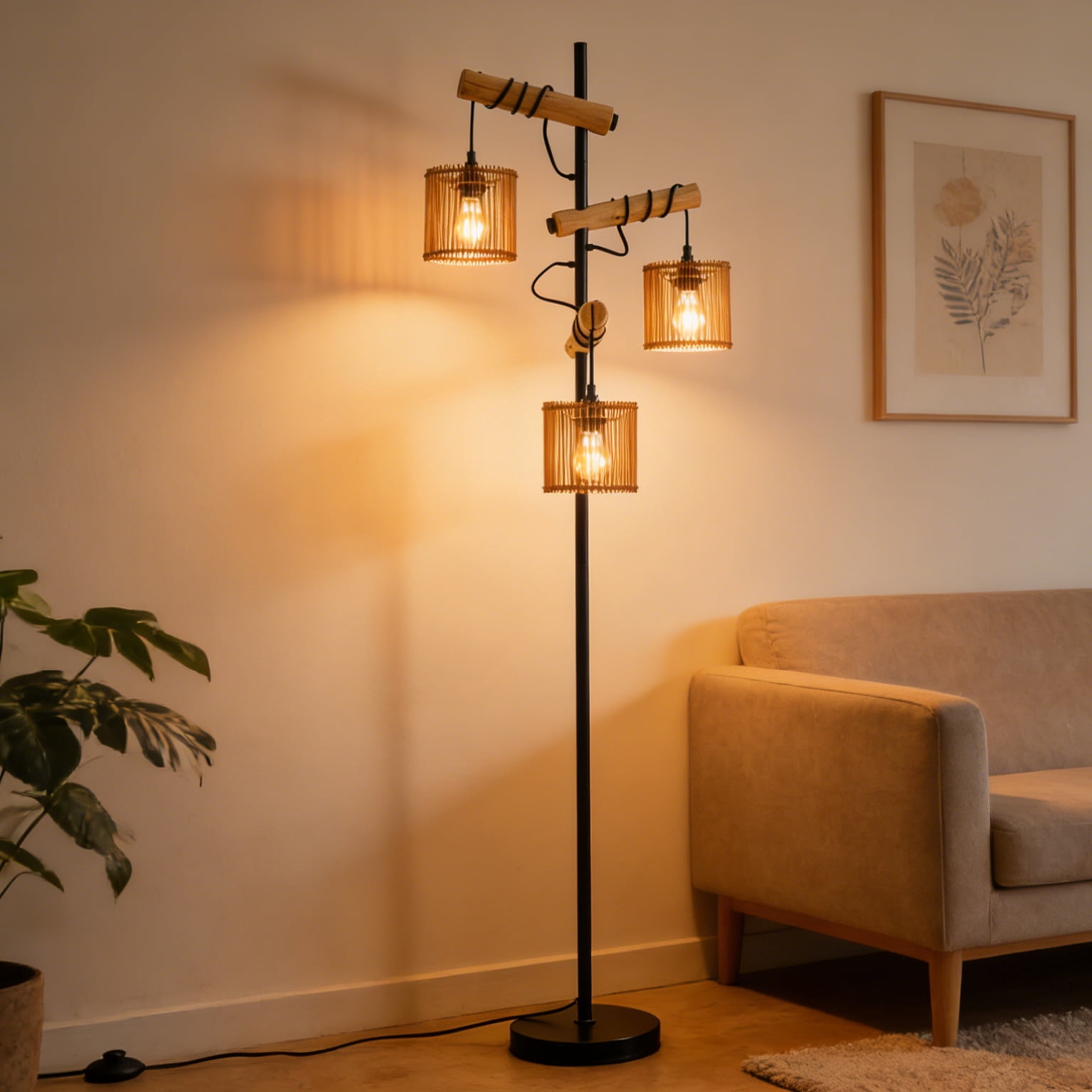 72" Rattan Boho Floor Lamp with Bamboo boho Shade Vintage Standing Lamps for Living Room Bedroom Hotel Bar Office