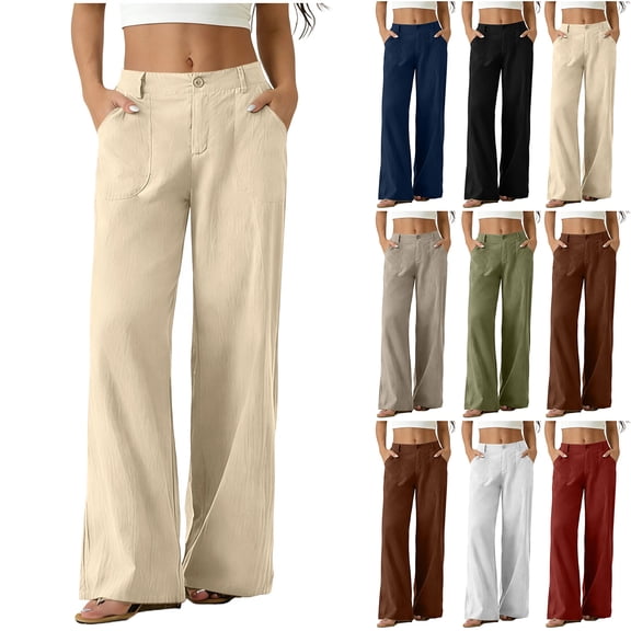 Bloomae Summer Linen Pants for Women Wide Leg Button Elastic Waist Casual Beach Vacation Lounge Wear Dressy Flowy Loose Comfy Work Office Trousers with Pockets Beige M