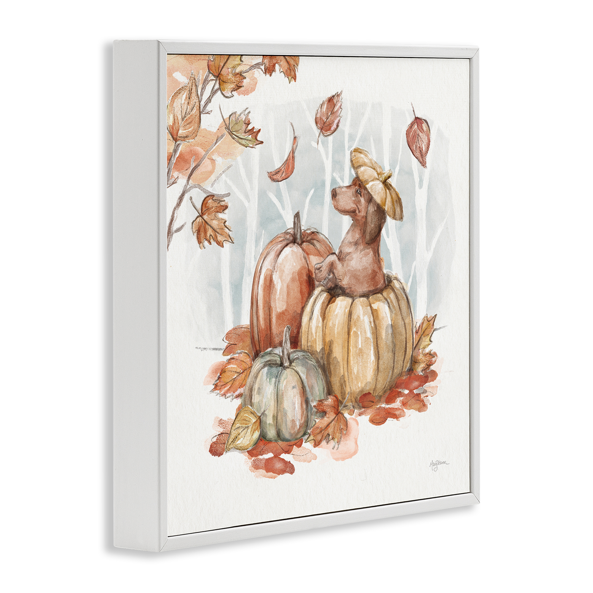 Stupell Industries Fun Dachshund & Pumpkin Holiday Painting White Framed Art Prints Wall Art, 17 x 17