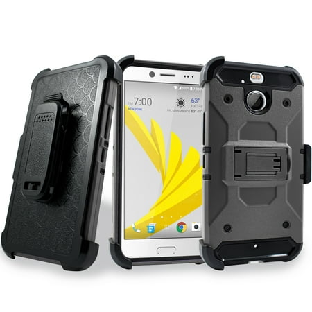 for HTC Bolt / 10 EVO Holster Armor Shield Swivel Clip 2 Kickstands Super Protection Case Grey Black