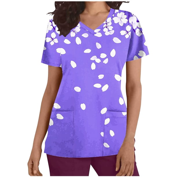 Mujeres Manga Corta Tops Casual V-Cuello Impreso Manga Corta de Bolsillo Superior Poliéster, Ropa de Enfermería de Moda para el Uso Diario Del Hogar