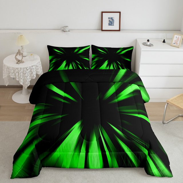 Erosebridal Abstract Ombre Bedding King Comforter Set, Green Black Down Comforter, Chic Geometry Decoration, Reversible