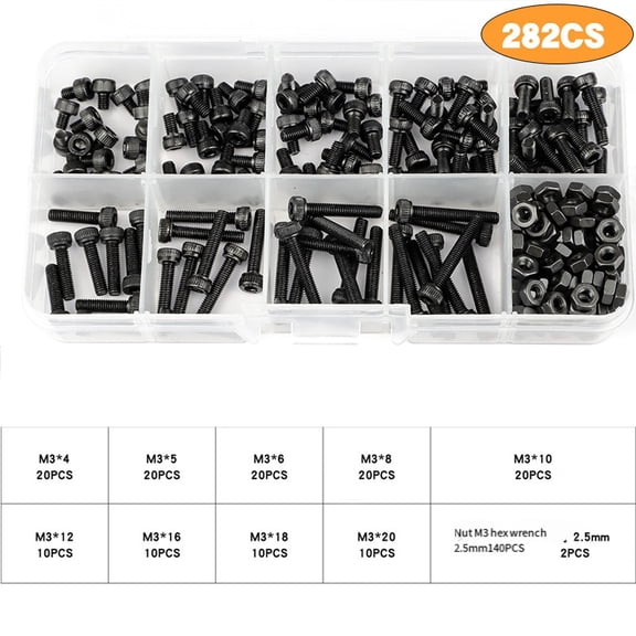 M3 Hex Socket Screw Set Round Cap Head Screws DIN912 Bolts Nuts Assortment Kit Black 12.9 Grade