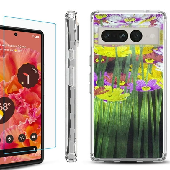 Shockproof Bumper Phone Case for Google Pixel 7 Pro, with Tempered Glass Screen Protector, by OneToughShield ® - Dream Flower