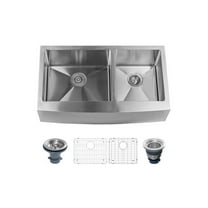 36 in. Farmhouse Double Basin Stainless Steel Kitchen Sink with Apron Front 60-40 Split Drain Assemblies & Fitted Basin Rack