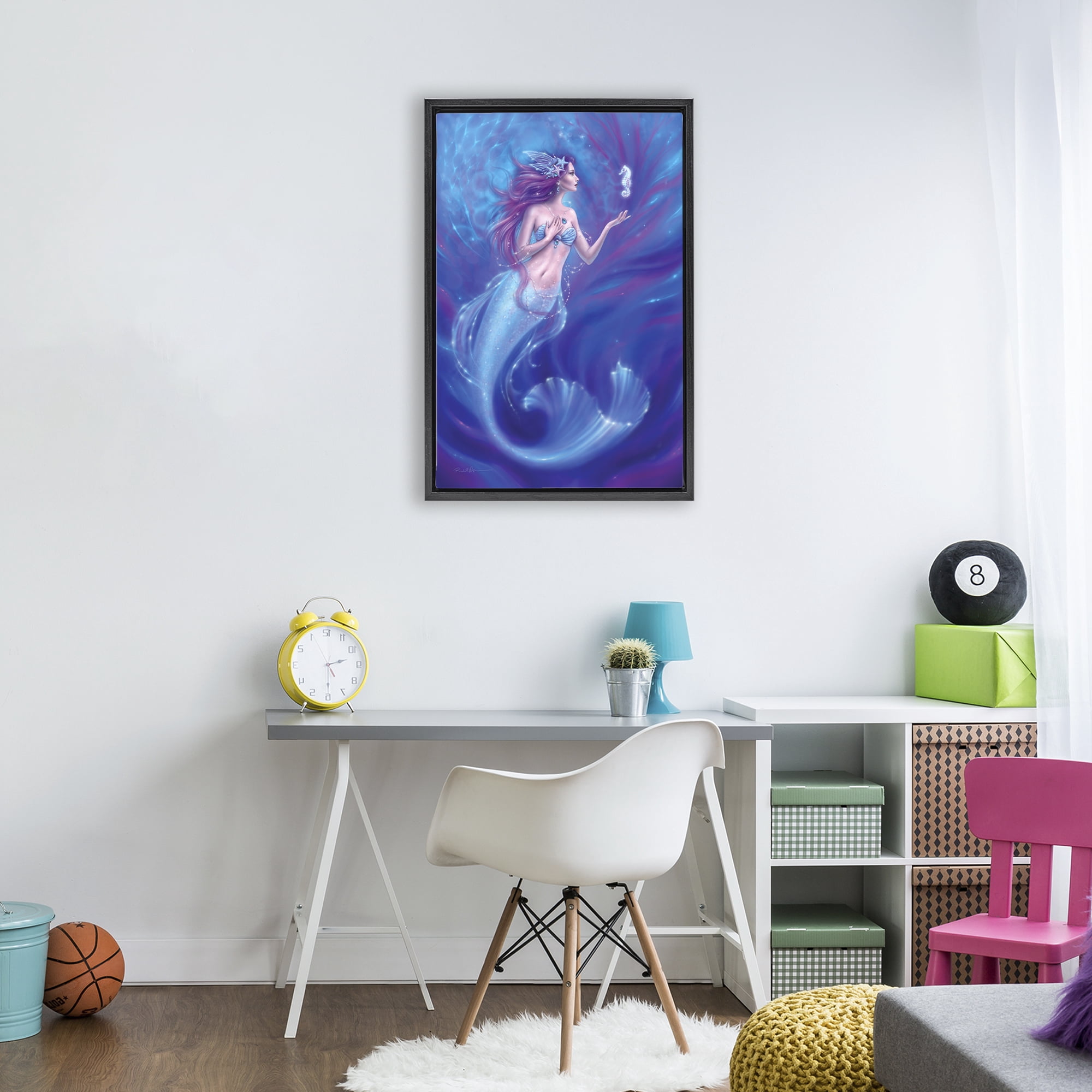 Jewel Bedecked Mermaid & Seahorse Black Framed Floater Canvas Wall Art, design by Rachel Anderson