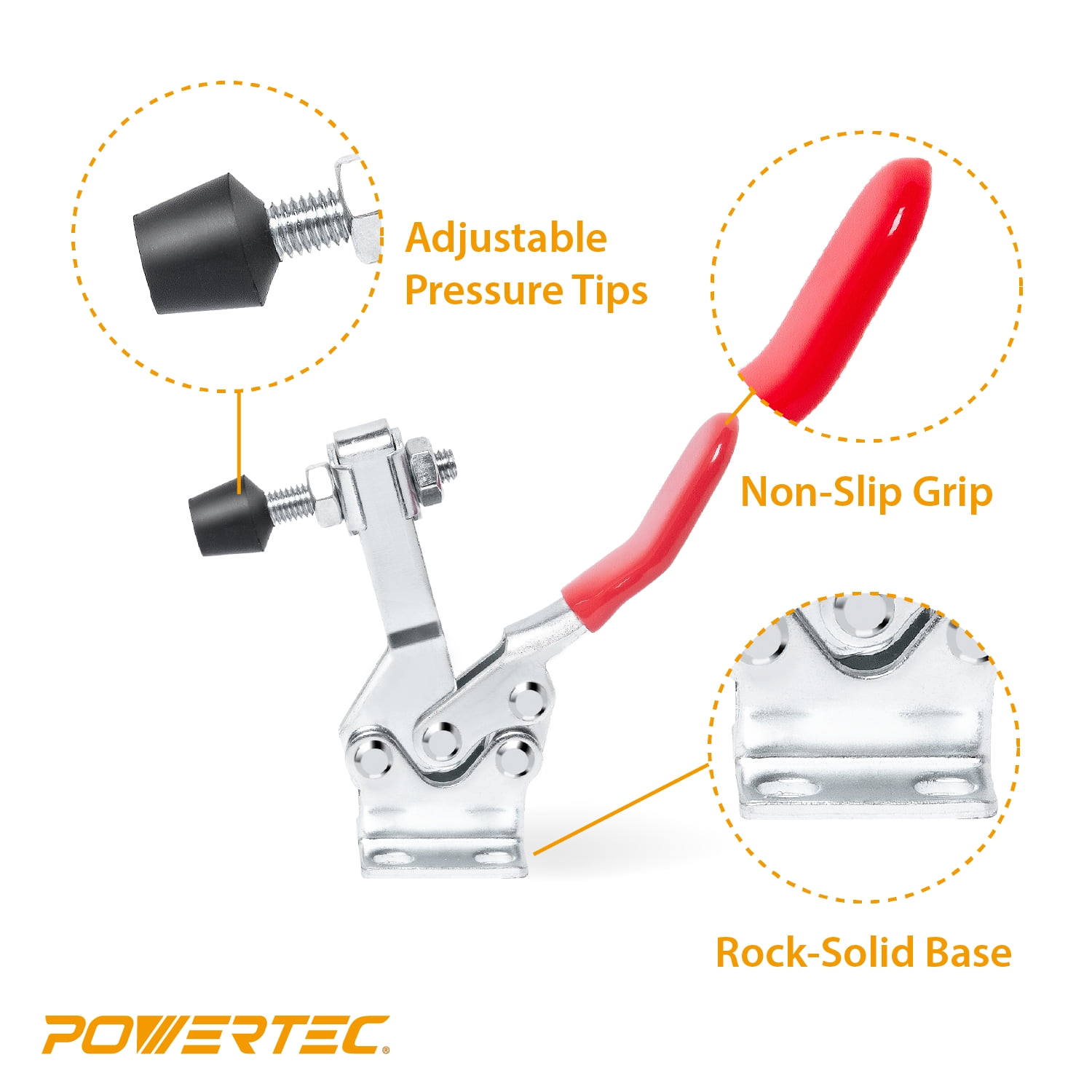 POWERTEC 10PK Toggle Clamp, 500 lbs Holding Capacity, 225D Quick Release Horizontal Clamps w/ Antislip Rubber Pressure Tip for Woodworking Jigs & Fixtures, Welding, Drill Press, Crosscut Sled (20331)