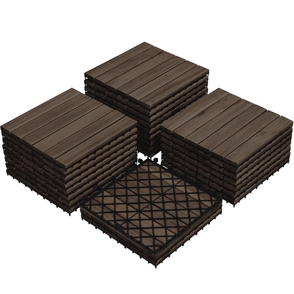 Acacia Wood Interlocking Flooring Tiles Waterproof Flooring for Outdoor & Indoor Patio,Balcony,Garden,Poolside,12 × 12 in,Brown