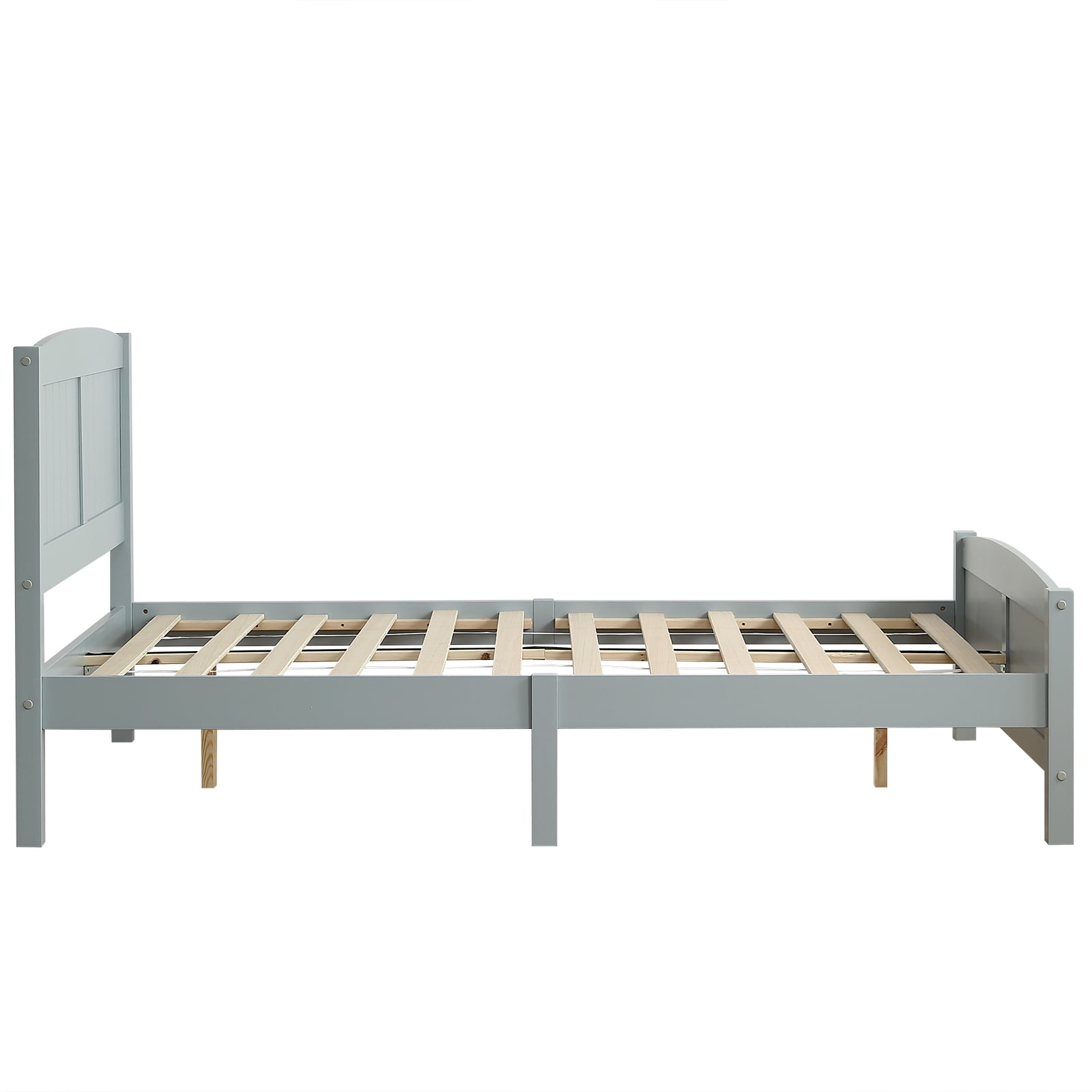 Full Single Bed Frame Vertical Striped Decorative Curved Headboard and Footboard Bed Frame Painted + Melamine Veneer & Pine + MDF Wood Bed, 77.8*56.54*37.8in Grey