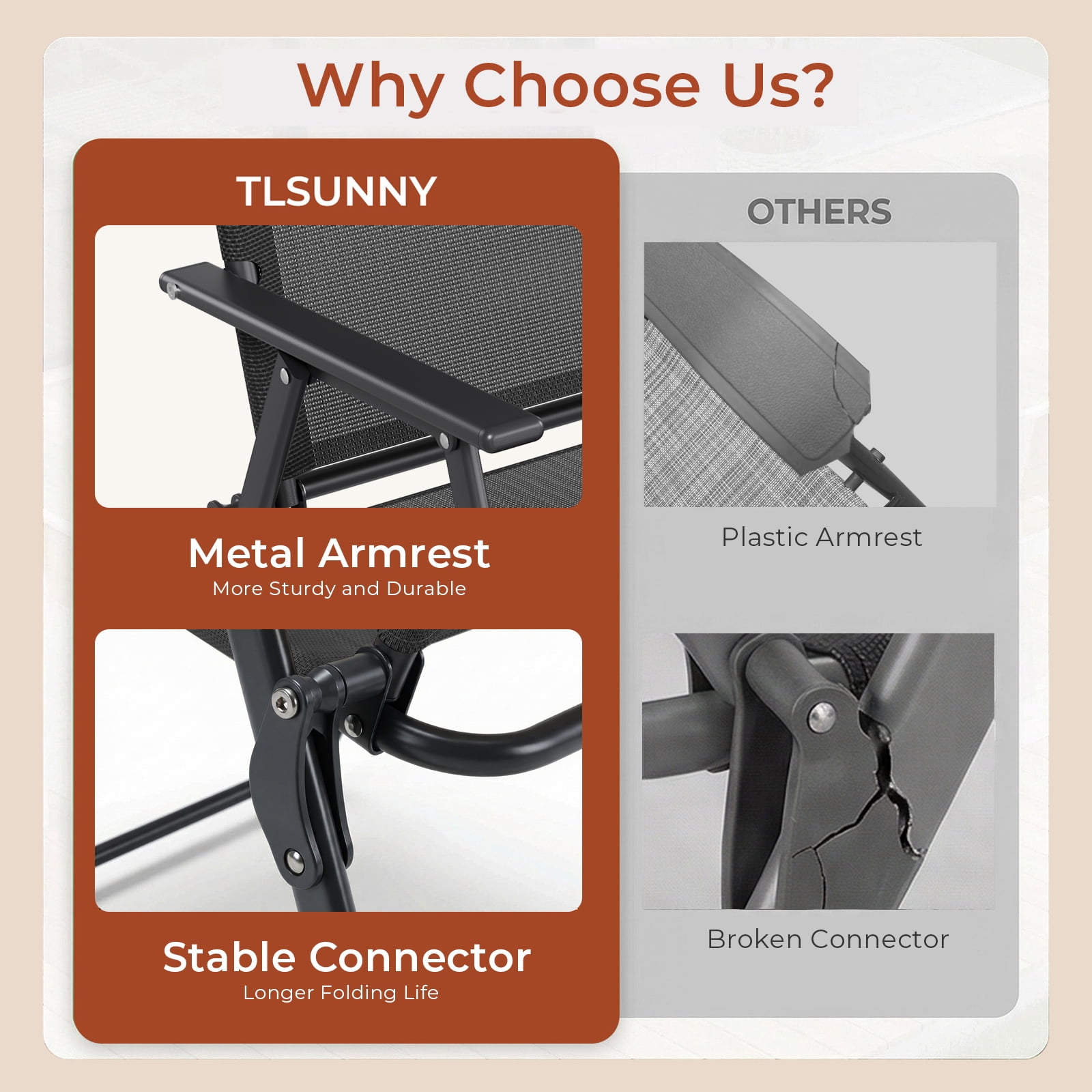 TLSUNNY 4 Pcs Patio Folding Chairs, Heavy-Duty Metal Frame W/ Armrests Portable Outdoor Foldable Chairs, Black