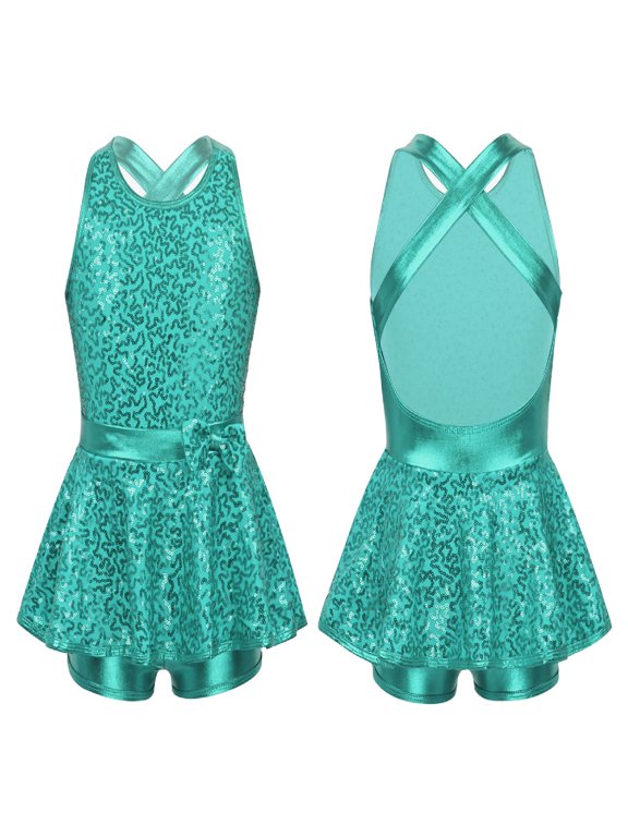Girls Jazz Modern Tap Dancewear Sleeveless Sequined Ballet Dance Leotard Dress 6-16