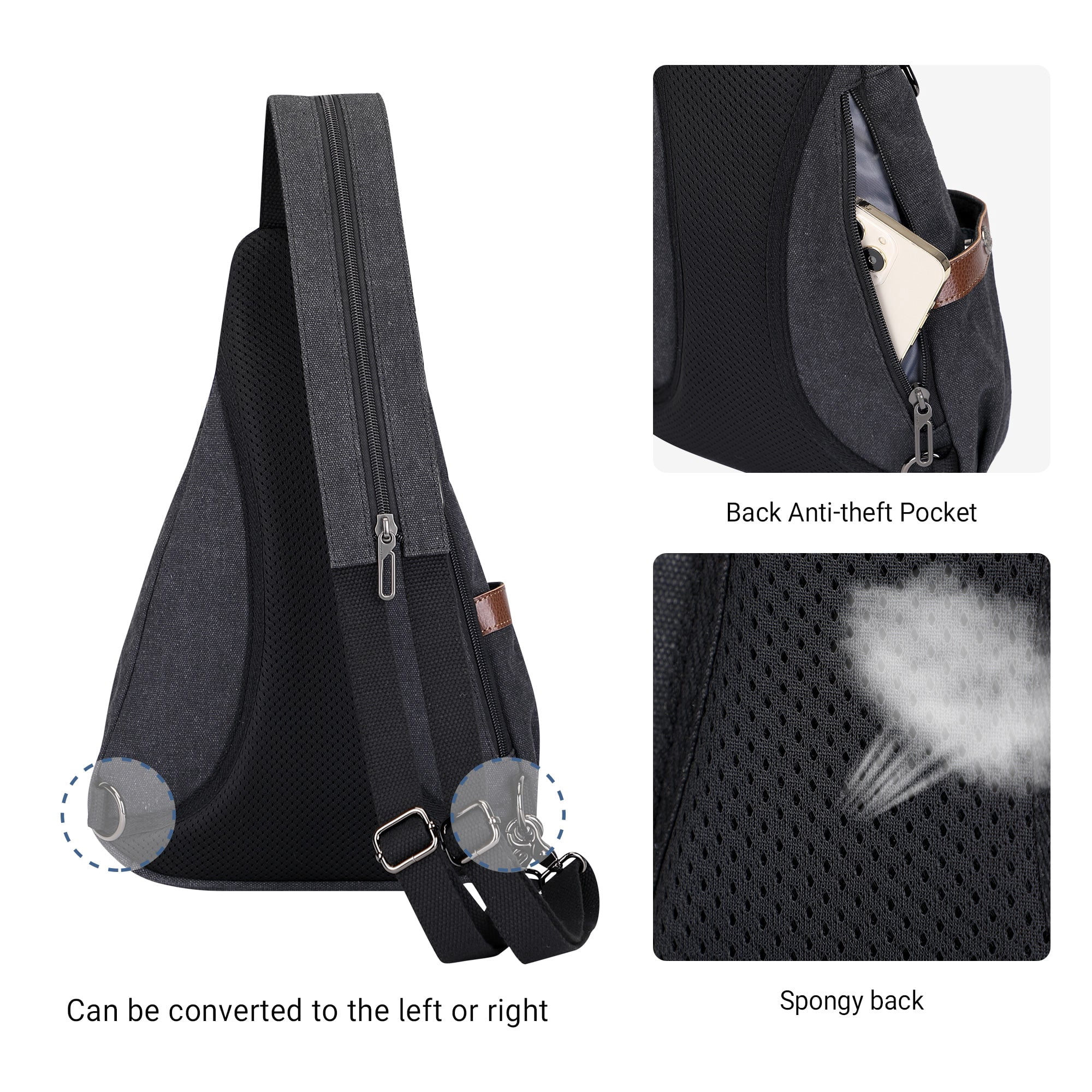 WITZMAN Canvas Sling Bag for Men Women Convertible Sling Backpack Crossbody Vintage Chest Bag Travel Casual Daypack(A8003 Black)