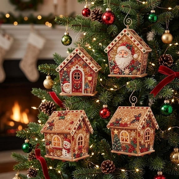 Christmas Wooden House Pearl Art Craft Kit, Festive Santa Pattern Handmade Ornaments, DIY Pearl Bead Craft Set for Indoor Wall Hanging, Tabletop Home Decoration