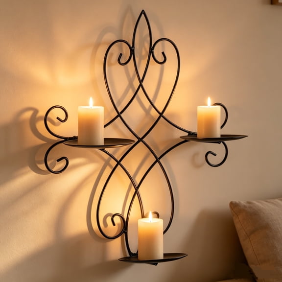 POLISE Spaces Black Iron Wall Mounted Candle Sconce, Scroll Design with 3-Tier Holder for Flameless Candles, 14.17x11.81x3.94 Inches, Living Room Wall Decor