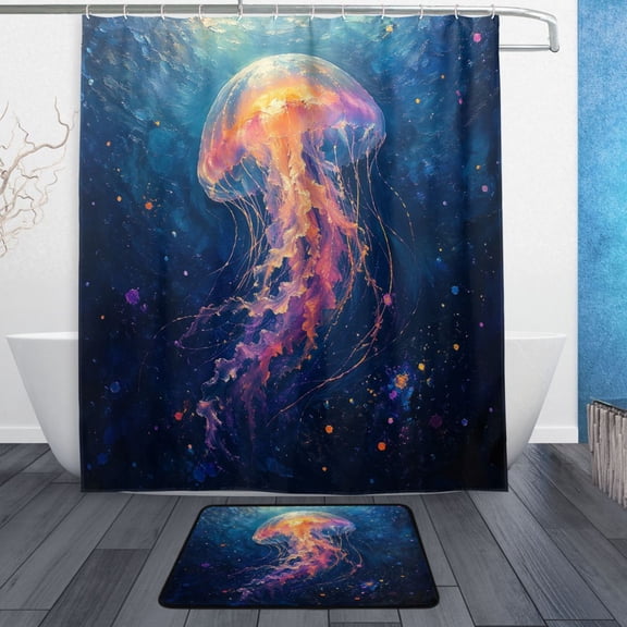 TTYFWHD 60" x 72" Shower Curtain and Bath Mat Set Sea Jellyfish Art Print Waterproof Bathroom Curtain with 12 Hooks, Bathroom Decor Set