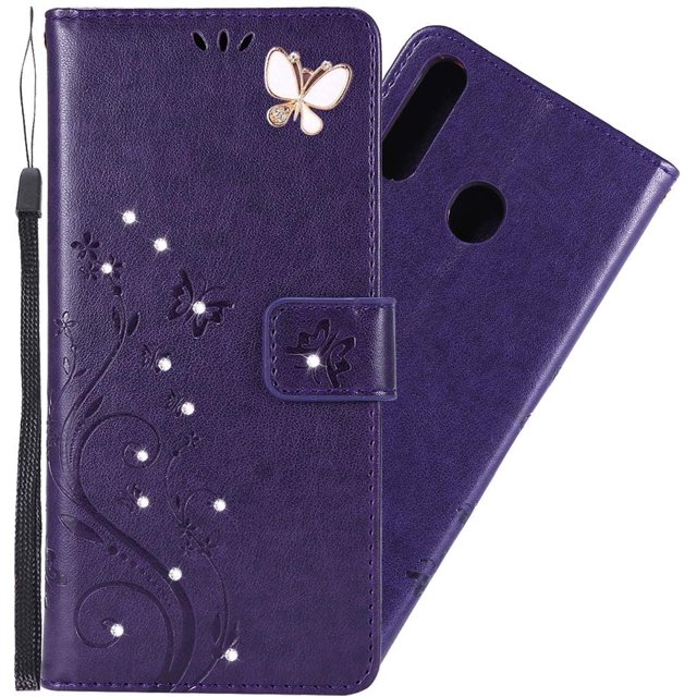 LEMAXELERS Samsung Galaxy A20 Wallet Case PU Leather Magnetic Bling Diamonds Embossed Butterfly Case with Card Slots