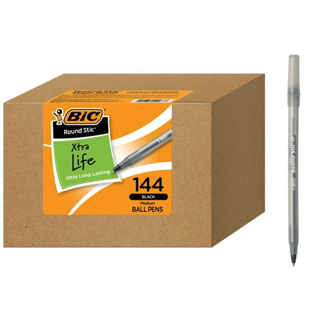 BIC Round Stic Xtra Life Ballpoint Pen  Medium Point  1.00 mm  Black Ink  144 Count