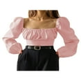 thumbnail image 1 of Women‘s Puff Sleeve Ruched Crop Top Square Neck Lantern Long Sleeve Slim Shirt Crop Top, 1 of 8