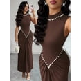 thumbnail image 4 of Brown Semi-High Neck Sleeveless Knitted Pleated Maxi Dress With Pearl Embellishment, Elegant Evening Gown, 4 of 8