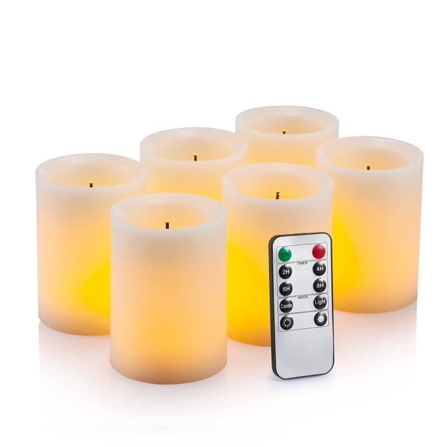 Flameless Flickering LED Candles 3" X 4" with 10-Key Remote Control Timer Classic Pillar Optical Fiber Wick Real Wax Battery Operated Candl