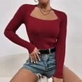 thumbnail image 2 of Jersey de punto para mujer de color liso con cuello cuadrado y manga larga ajustada de punto elástico, poliéster suave, informal, 2 of 8