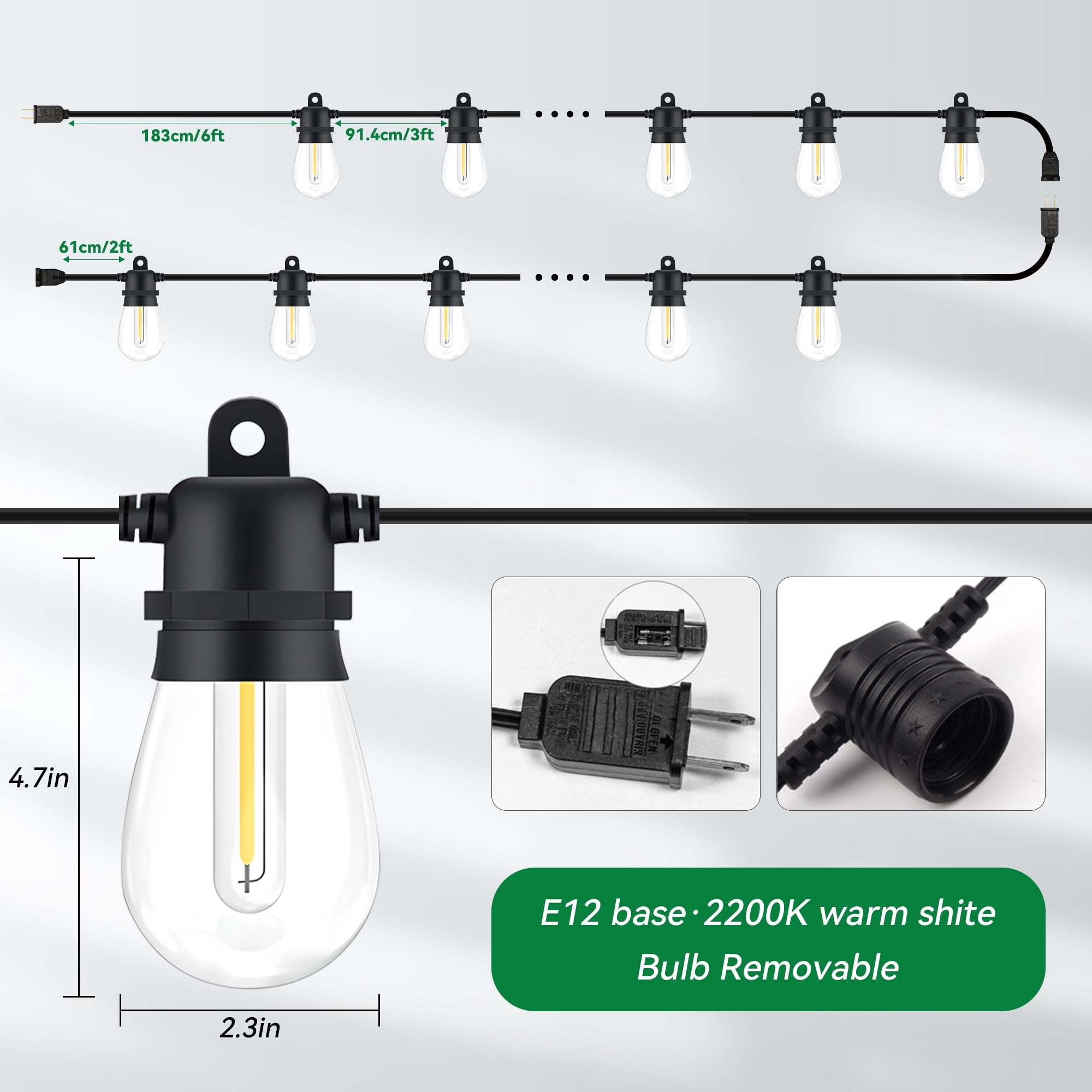 Hyrion Solar Outdoor String Lights, S14 100ft Waterproof Shatterproof Hanging Lights, with 30 Edison Bulbs for Garden Patio