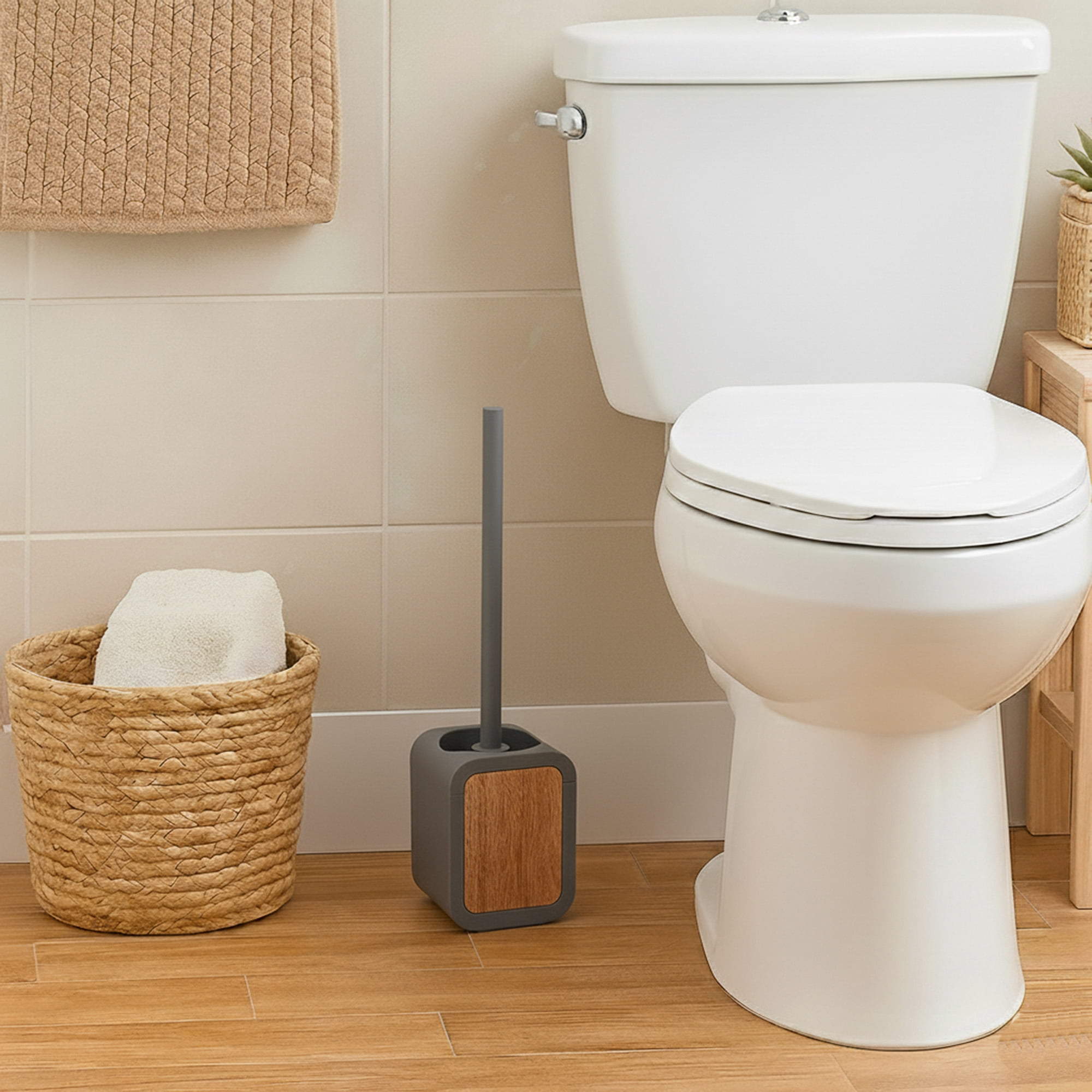 Toilet Brush and Holder Gray Rubber and Acacia
