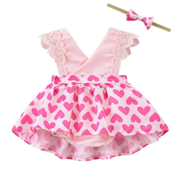 Baby Girls Clothes Heart Romper Dress Summer Sleeveless Overalls Onesies Lace Trim Cotton Fashion Bodysuit, Pink, 6 Months
